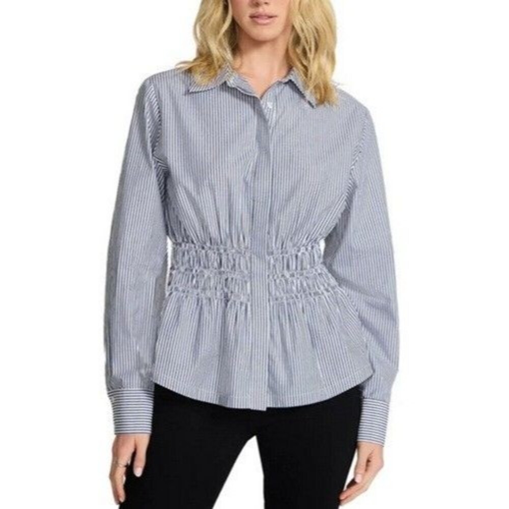 Steve Madden Ladies Smock Waist Button Up Shirt Multi Banker Stripe Navy NWT